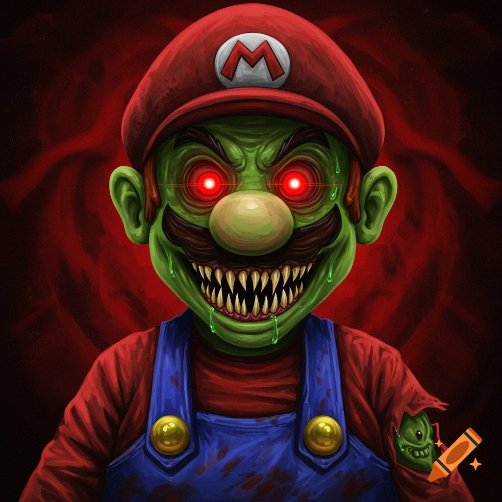 A grotesque, zombie-like Mario with green skin, sharp teeth, and glowing red eyes.