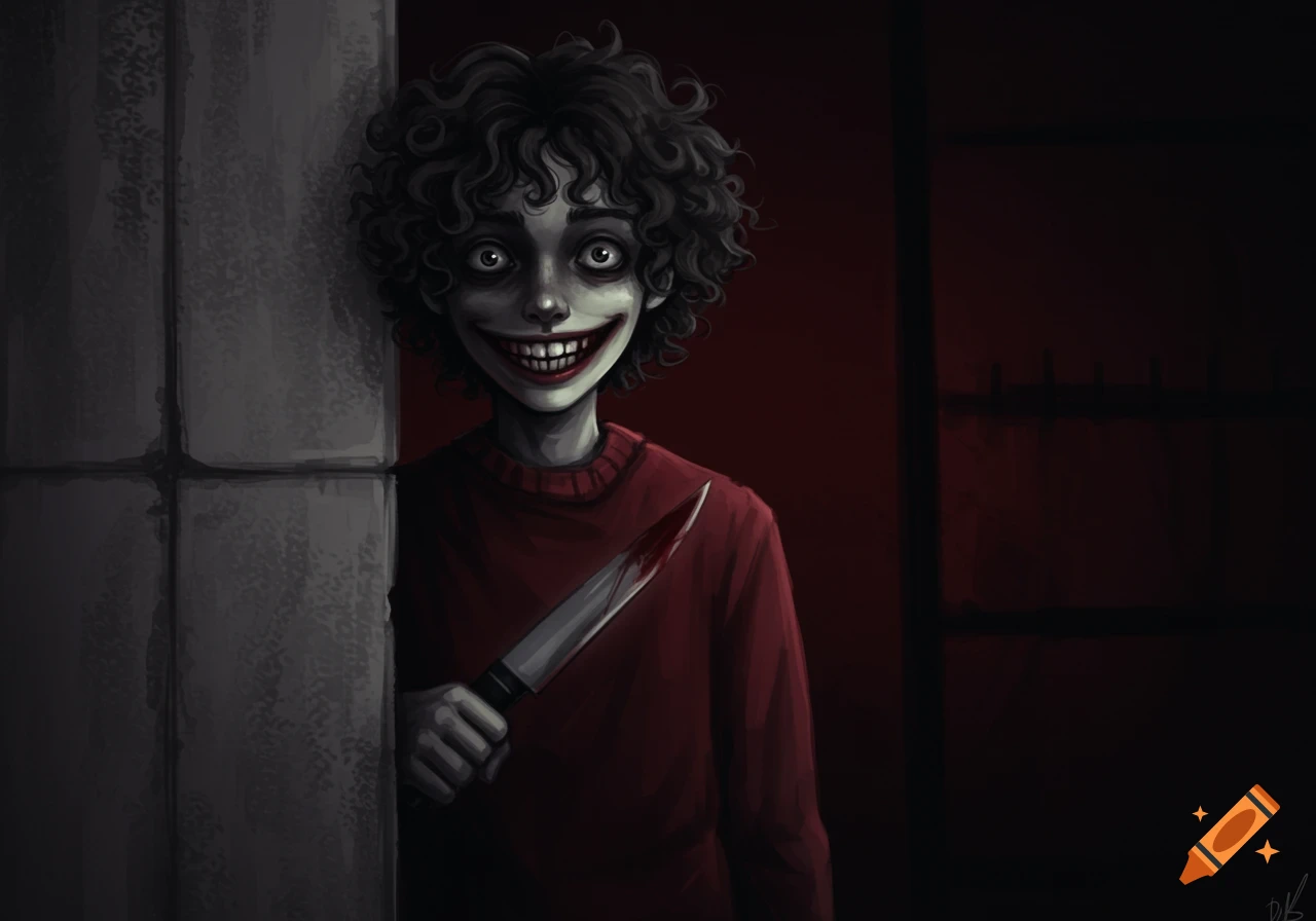 A creepy illustrated boy with curly hair and a wide smile holds a bloody knife while peering from behind a wall.