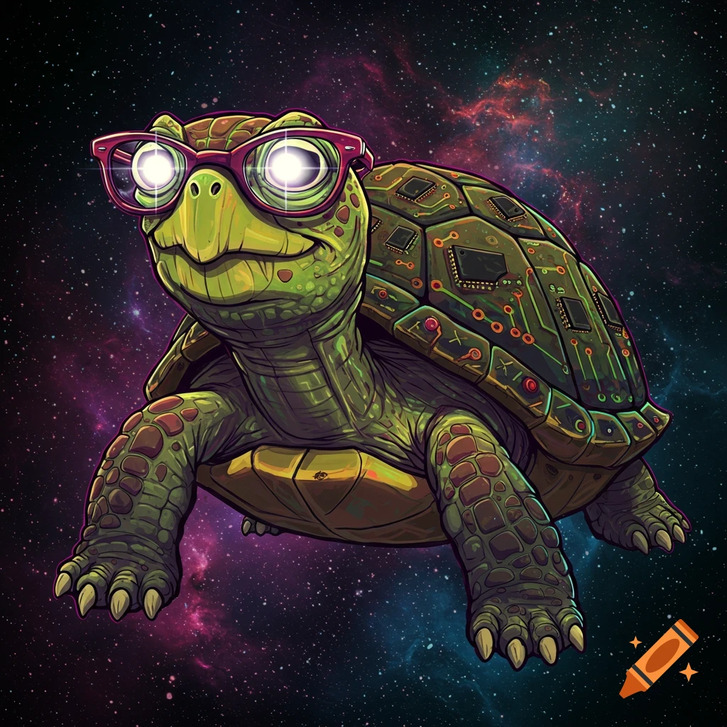 Cartoon illustration of a turtle with red glasses and a circuit board shell floating in space.