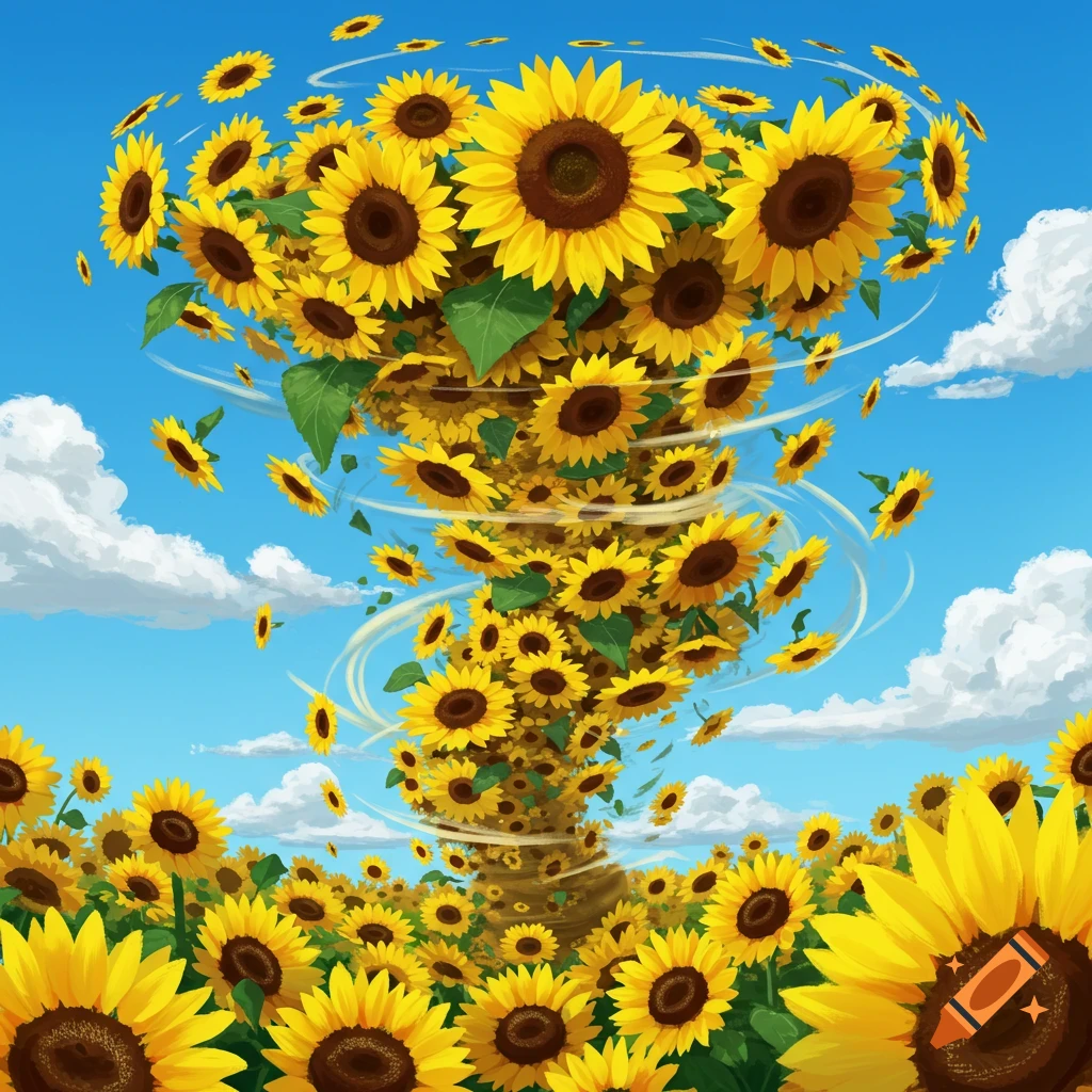 A vibrant illustration of a tornado made of sunflowers twisting above a sunflower field under a blue sky.