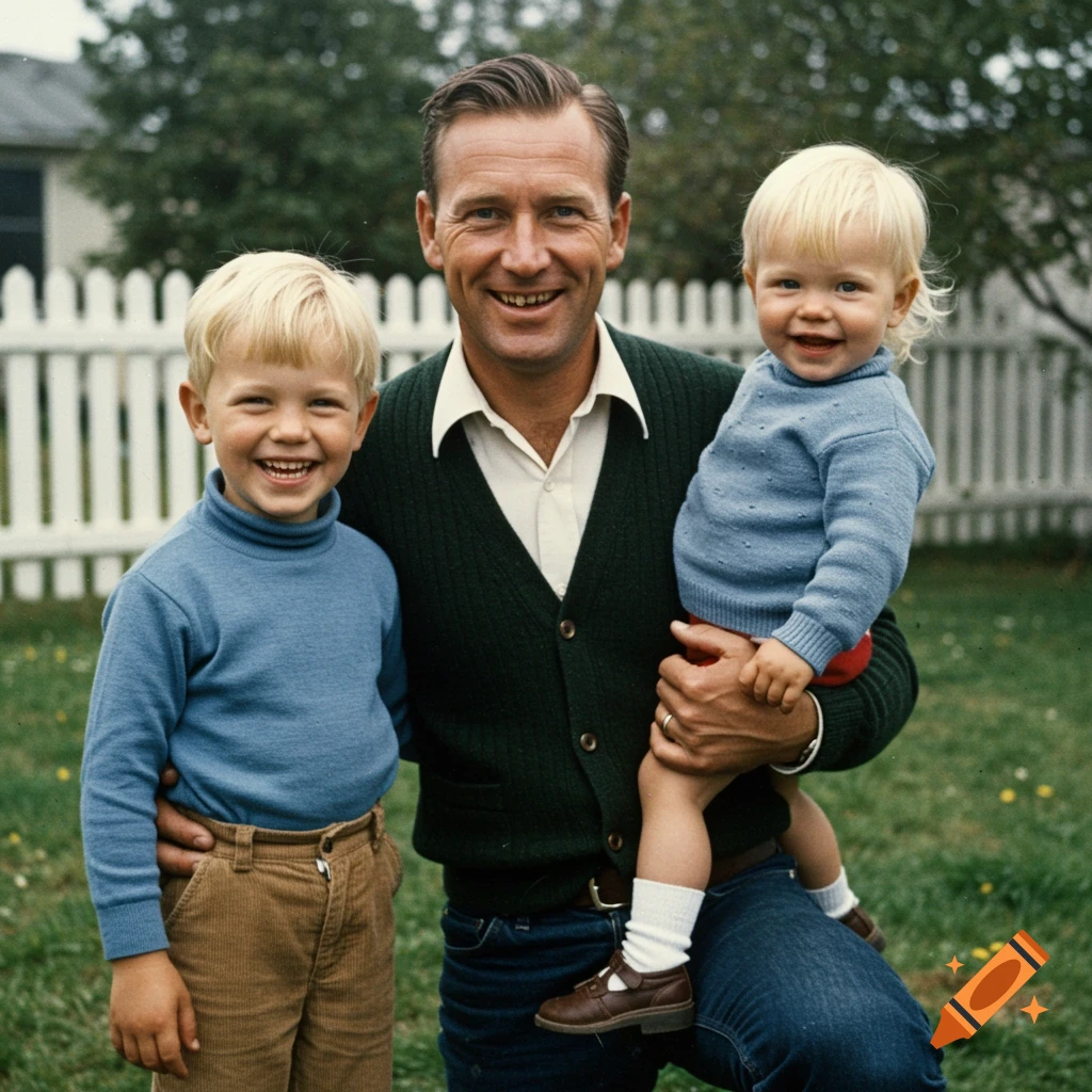 Vintage photo of a father holding a baby daughter, standing next to his young son in a backyard.