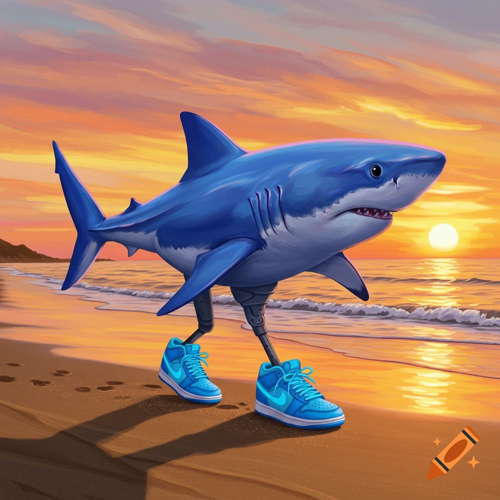 A blue shark walking on a beach at sunset, wearing blue sneakers.