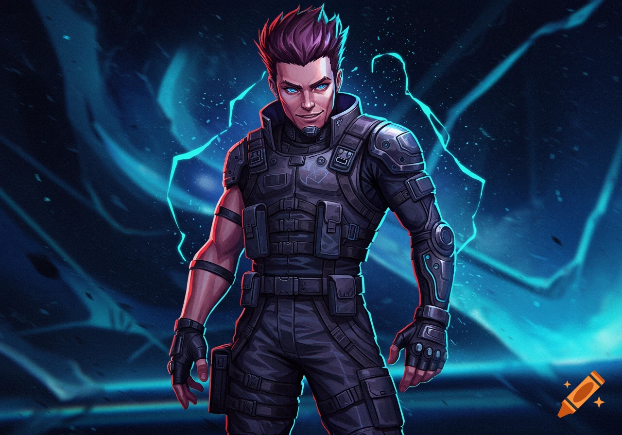 A man in tactical sci-fi armor with glowing blue eyes stands against a blue lightning background, digital illustration.