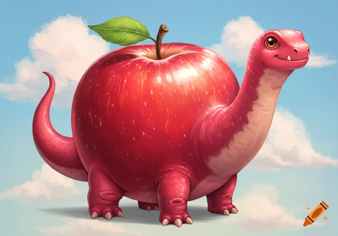 A stylized red dinosaur with an apple for a body stands under a blue sky with clouds.