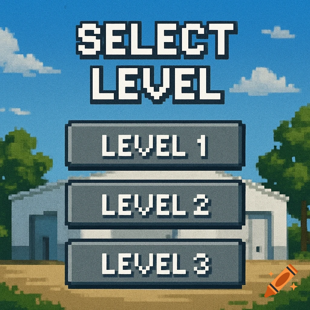 Pixel art game interface showing a level selection screen with buttons for Level 1, Level 2, Level 3, and a background of a warehouse, trees, and sky.