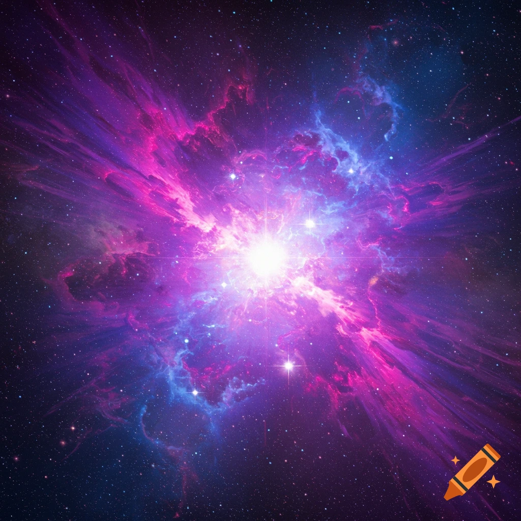 A bright supernova or nebula glows in space surrounded by purple, pink, and blue gas clouds and stars.
