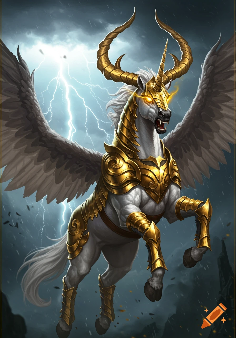 A vicious winged unicorn in gold armor flies through a stormy sky with lightning.