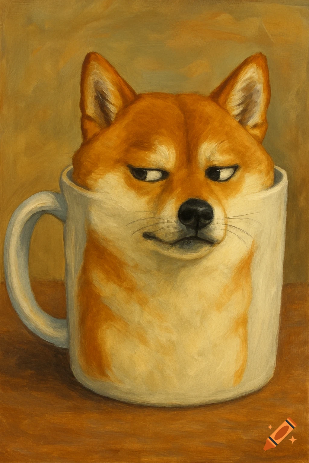 A Shiba Inu dog head in a white mug with a side eye expression