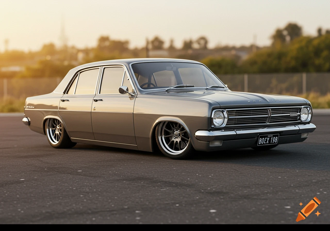 A lowered grey 1965 Holden car parked outside.