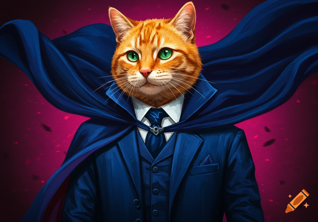 An orange tabby cat wearing a blue suit and cape.