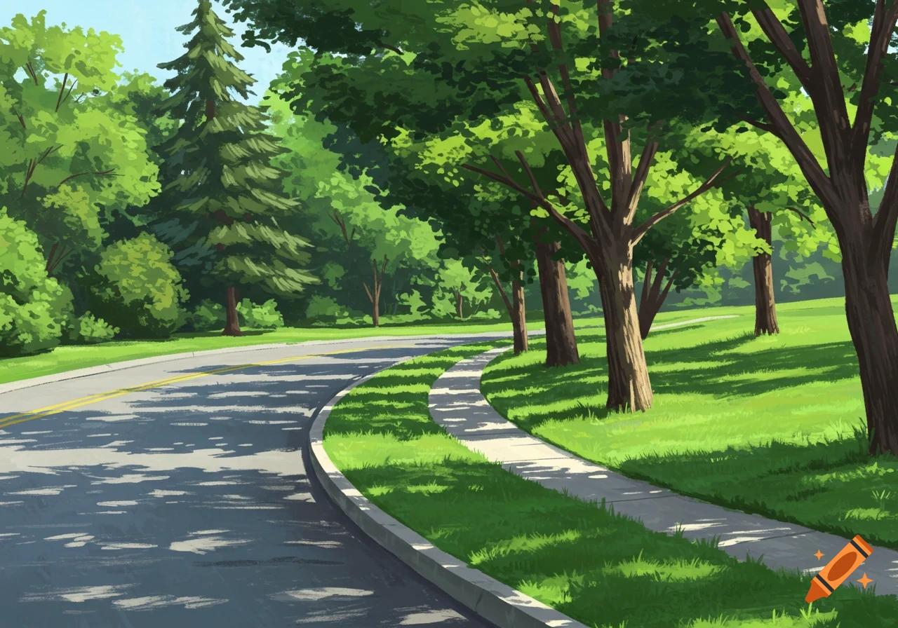 A curved road and sidewalk wind through a park filled with trees and grass.