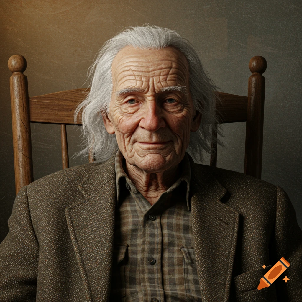 Portrait of an extremely old man sitting in a chair.