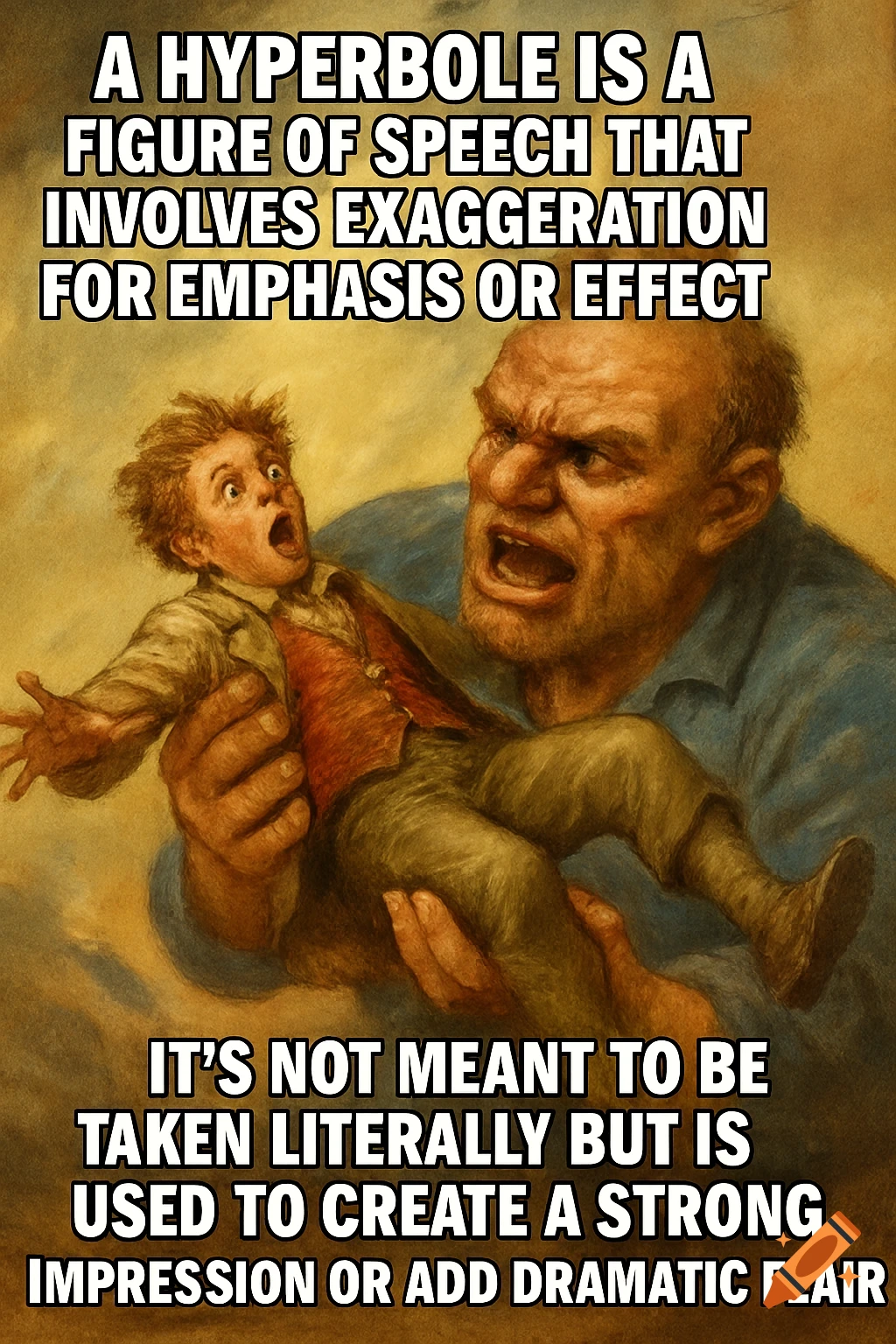Image of a meme showing a man holding a small boy, both with exaggerated shocked expressions, with text explaining hyperbole.