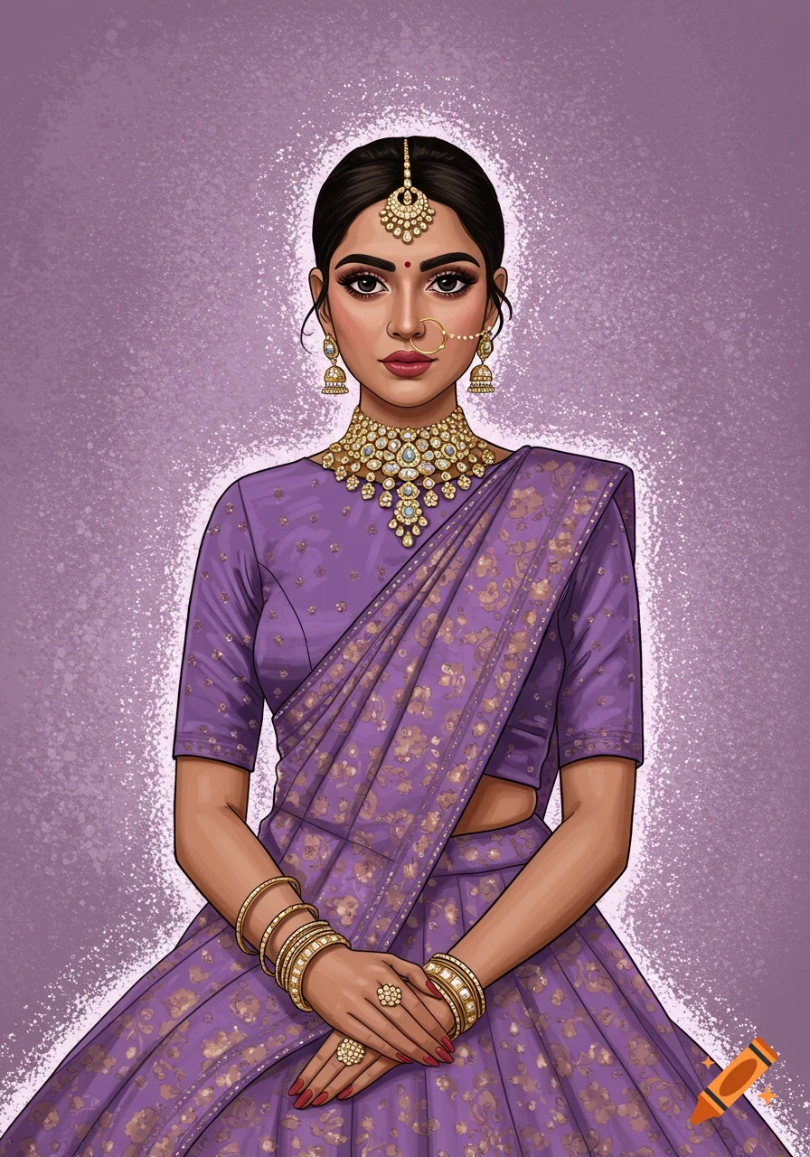 A woman in a purple lehenga with gold jewellery and headpiece.