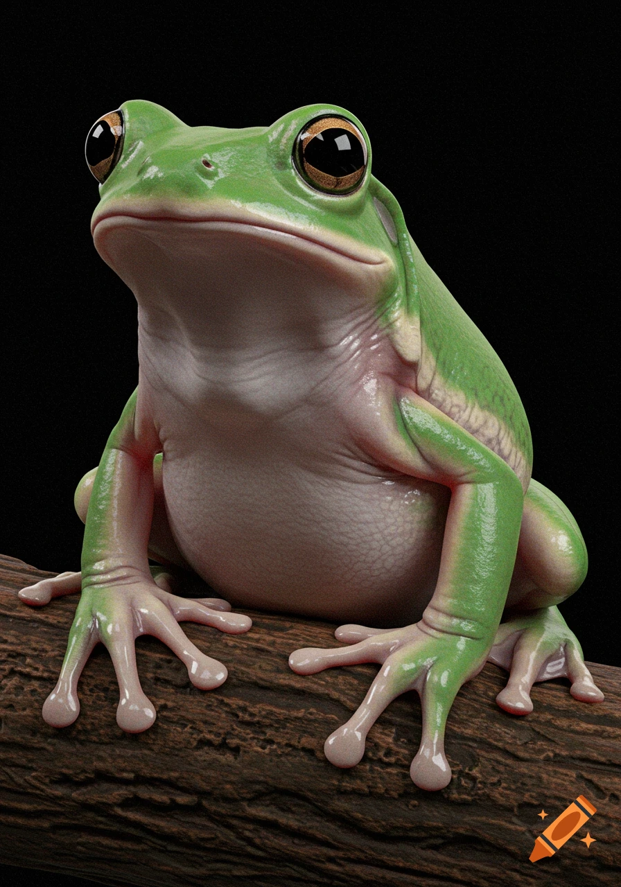 Close-up of a green tree frog sitting on a branch.