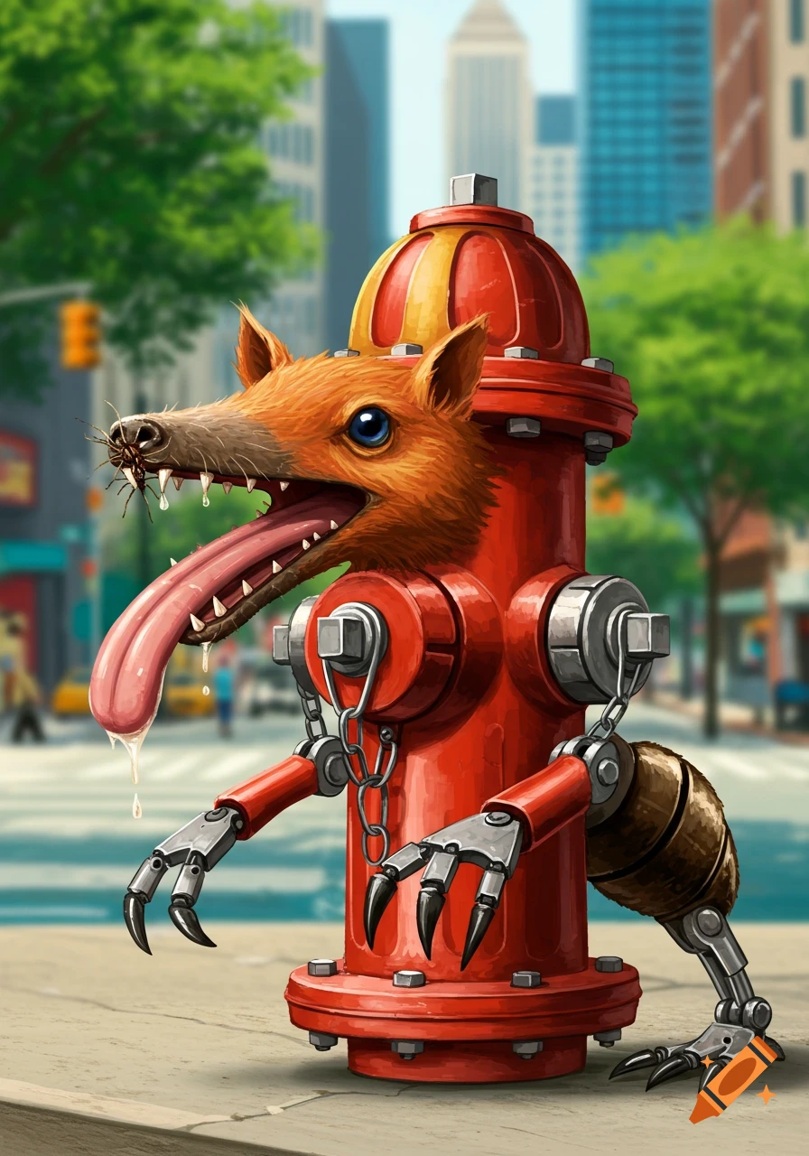 A bizarre creature with an anteater head and metal claws, made from a red fire hydrant, stands on a city street.