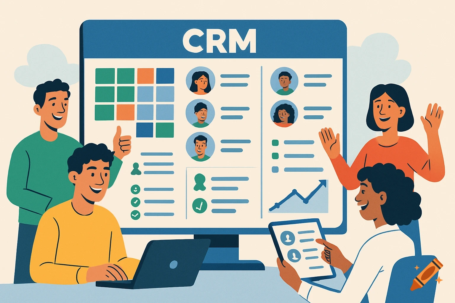 Illustration of happy people using a CRM system on a computer and tablet.