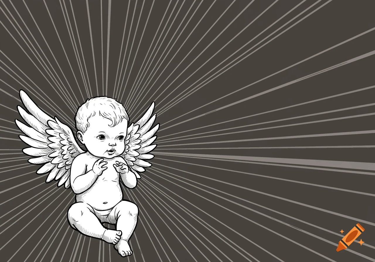 Line drawing of an angel baby on a dark background with radiating lines.