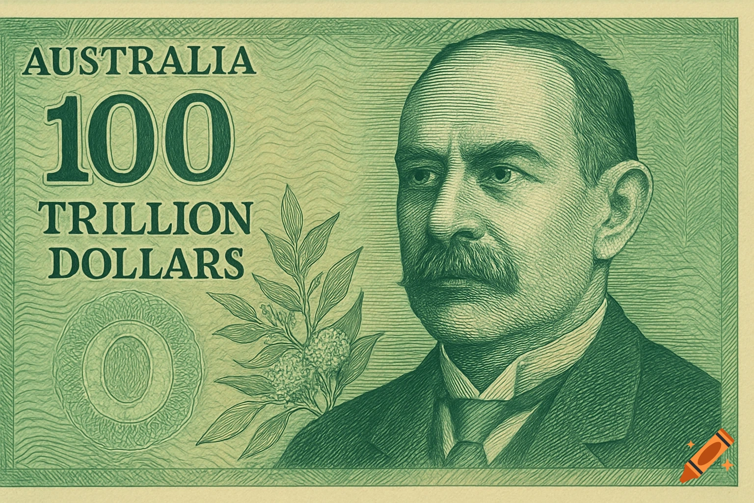 Engraved style banknote with a portrait of a man and text 'AUSTRALIA 100 TRILLION DOLLARS'