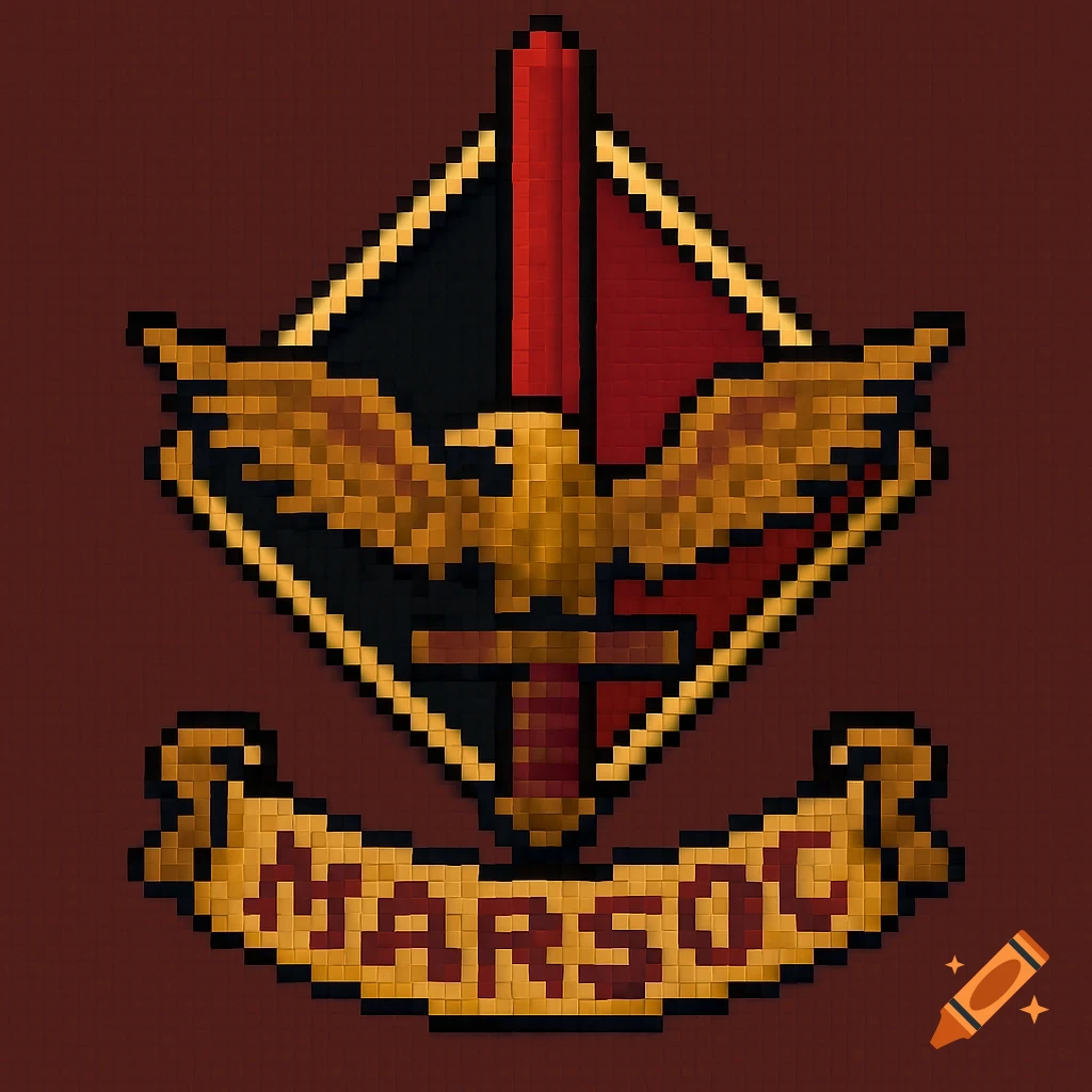 Pixel art logo with an eagle, sword, diamond shape, and 'MARSOC' text on a banner.