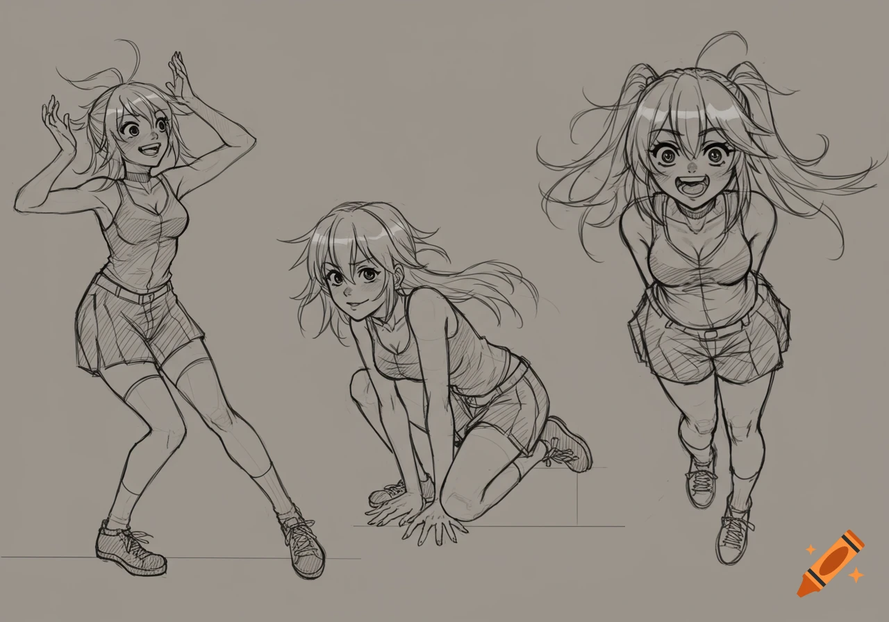Sketch of an anime girl in three different poses, wearing a tank top and shorts.