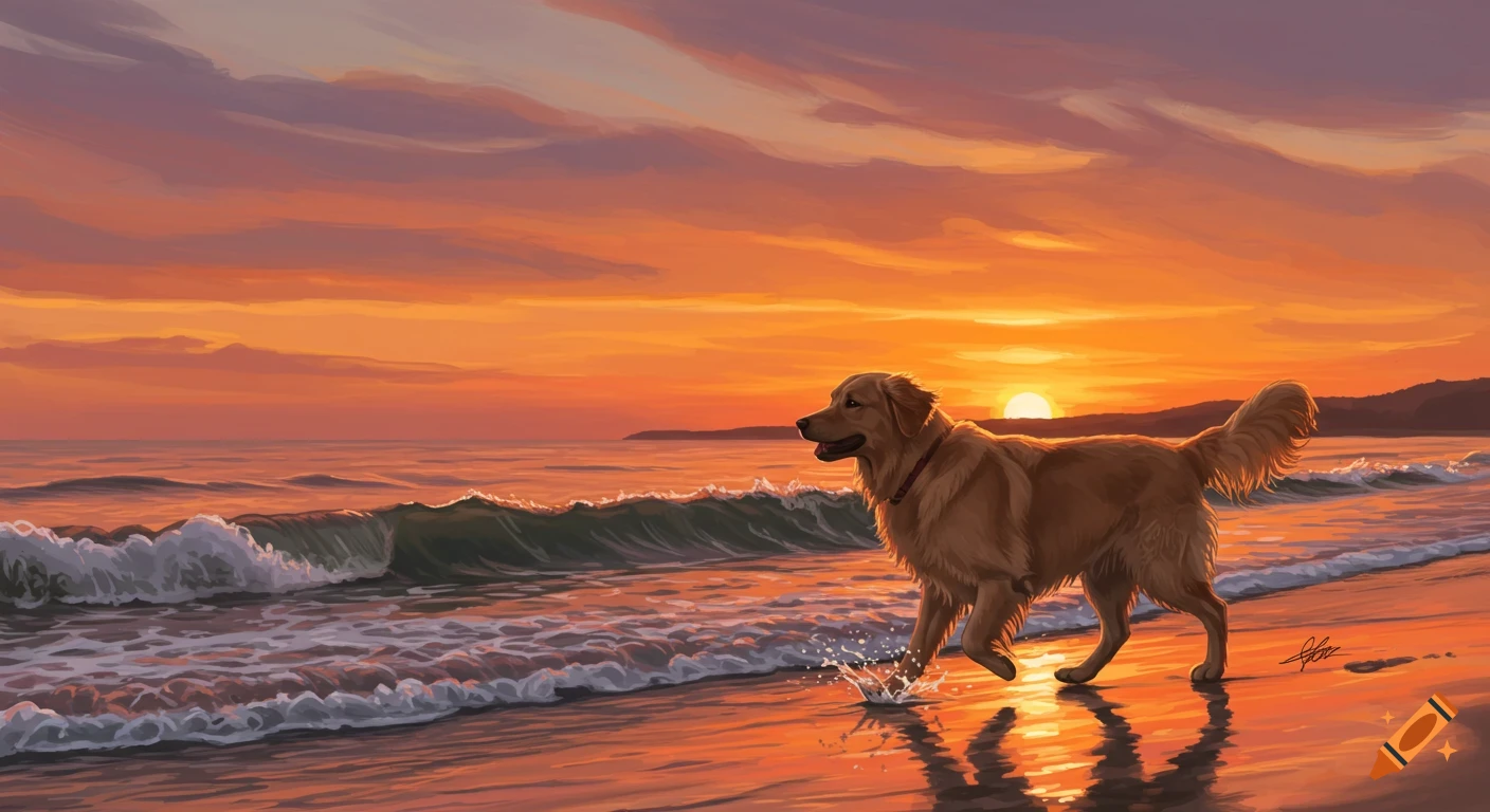 A golden retriever running on a beach at sunset.