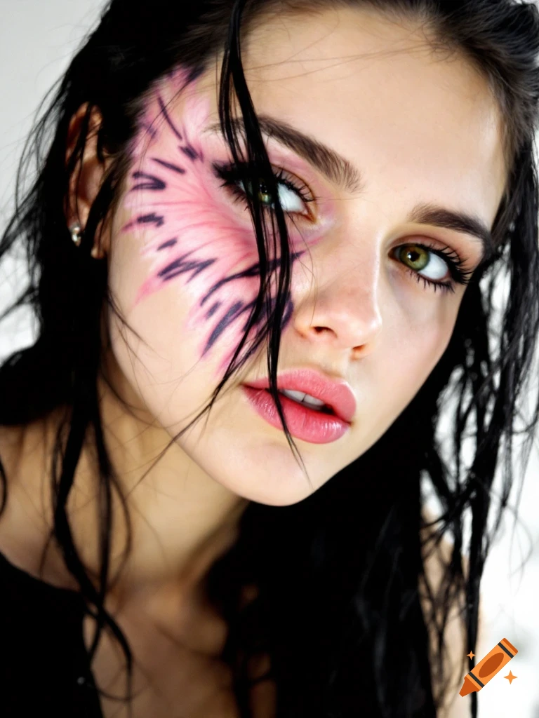 Close-up portrait of a woman with green eyes, black hair, and pink and purple face paint