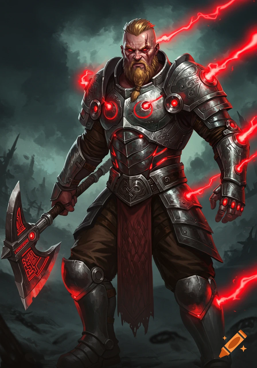 A viking warrior in glowing metal armor holds an axe.