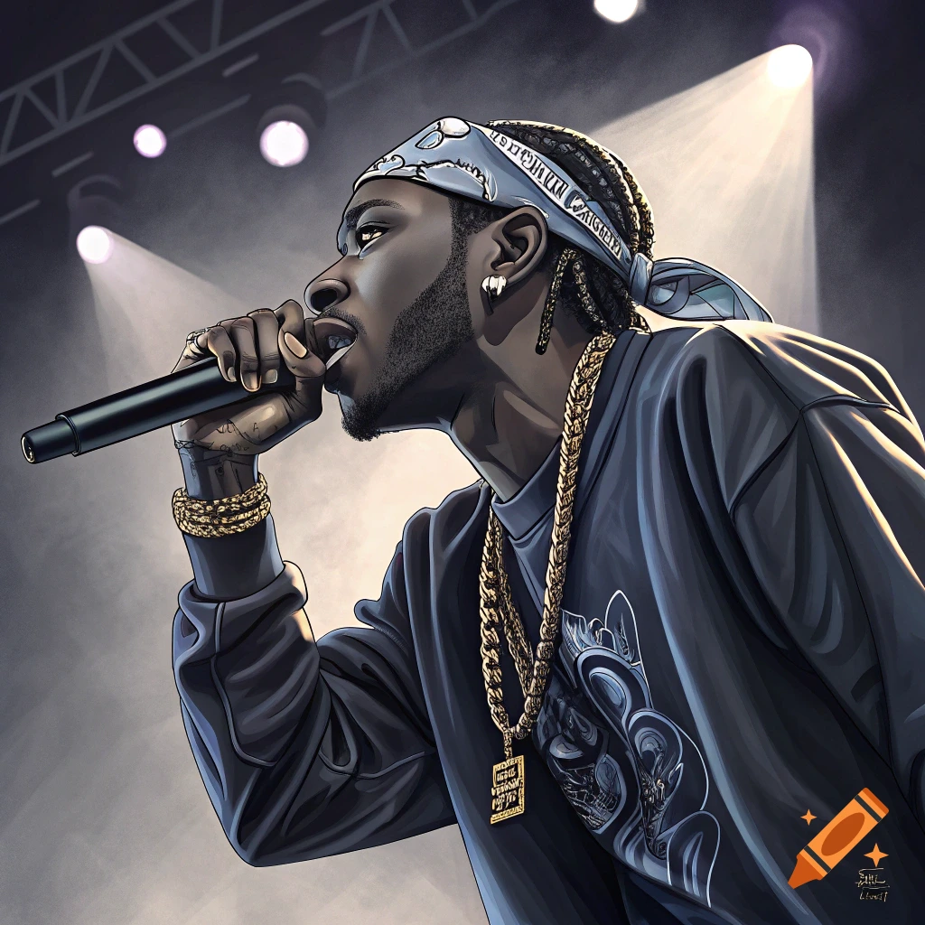 Illustration of a male rapper performing on stage with gold chains and a bandana.