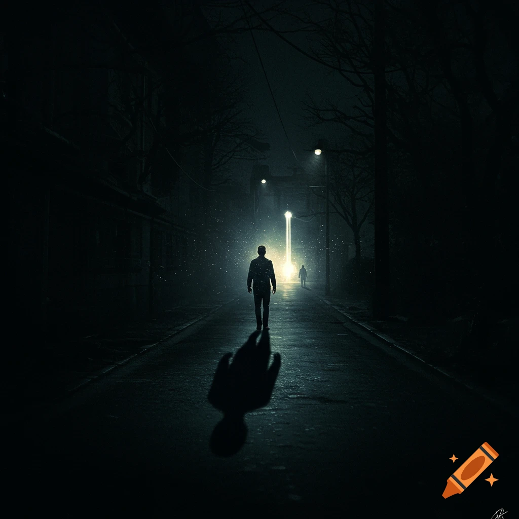 A figure walking down a dark, misty street towards distant lights.