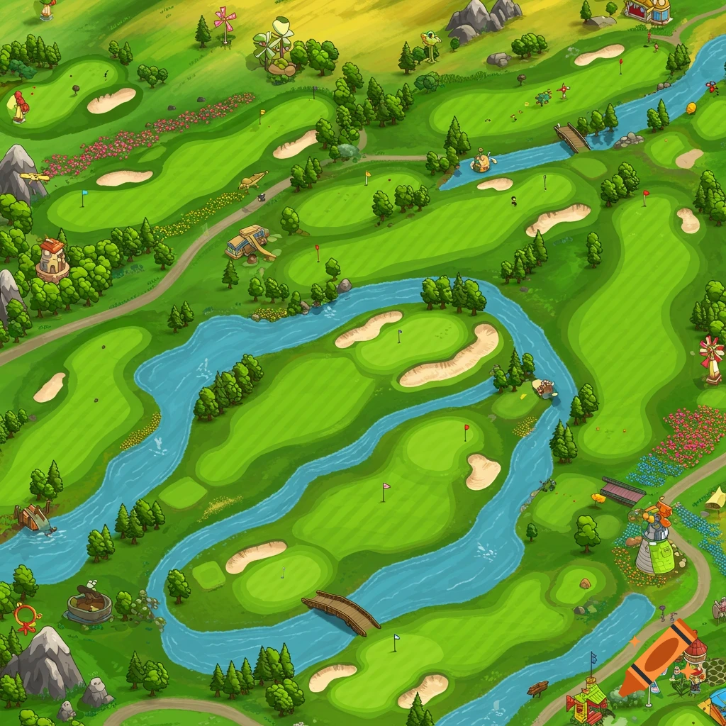 Cartoon bird's eye view of a lush golf course with rivers and sand traps.