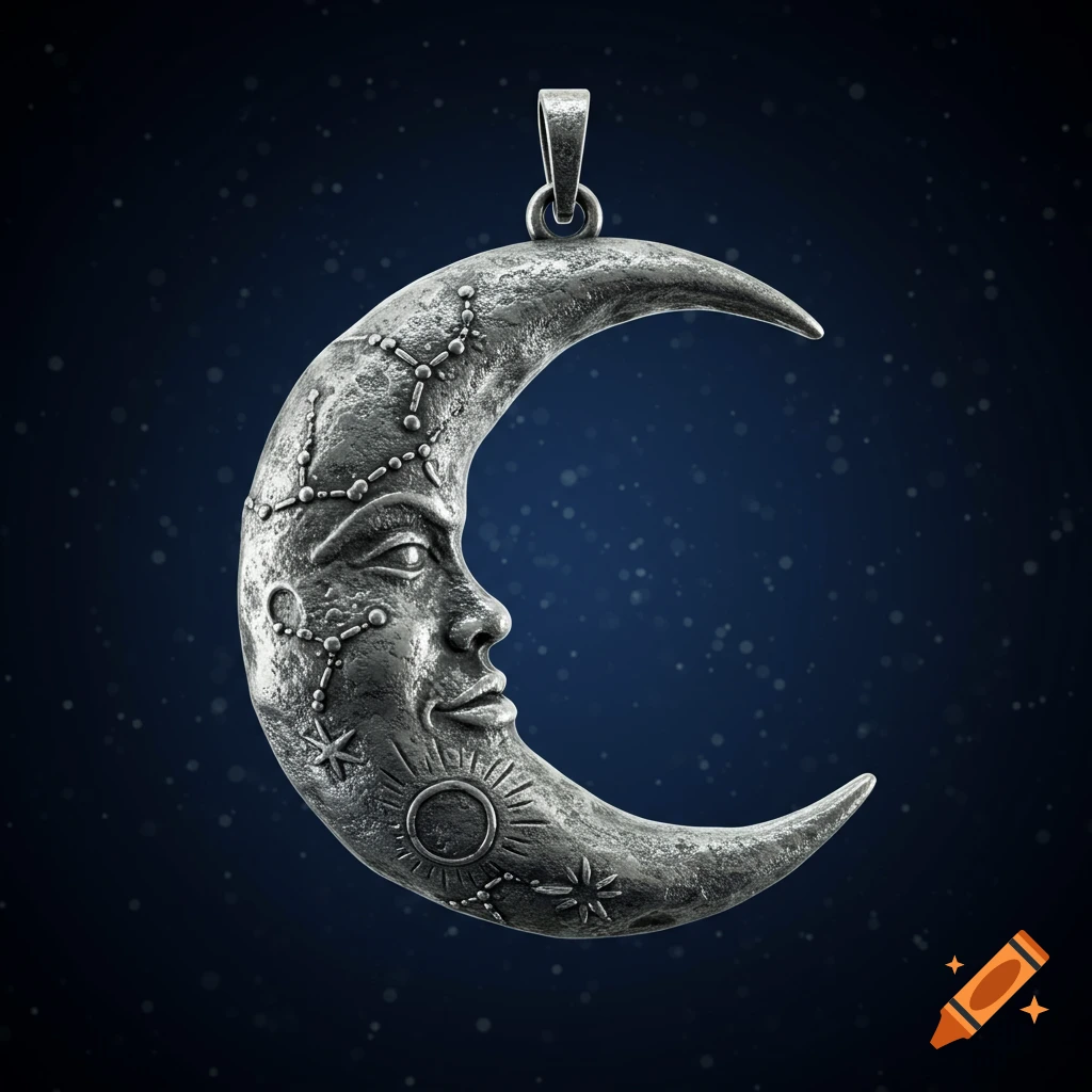 A silver crescent moon amulet with a face and celestial markings against a dark, starry background.