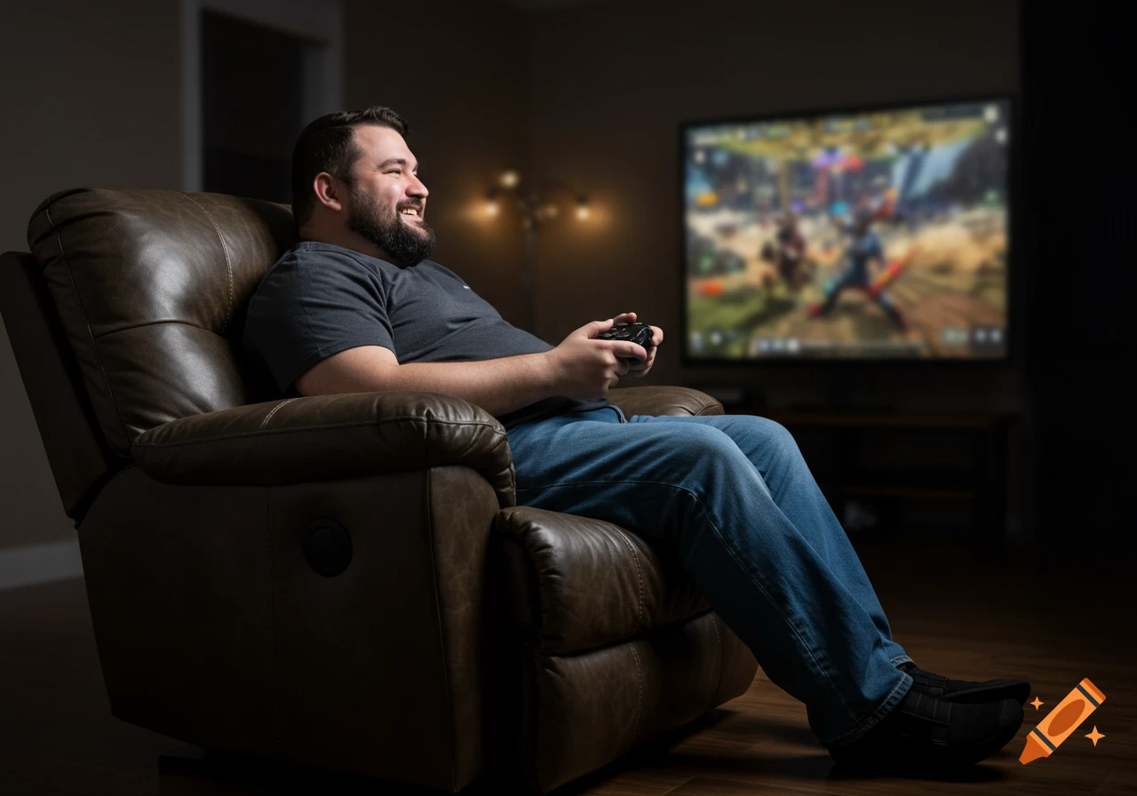 Man playing video games on a TV in a chair