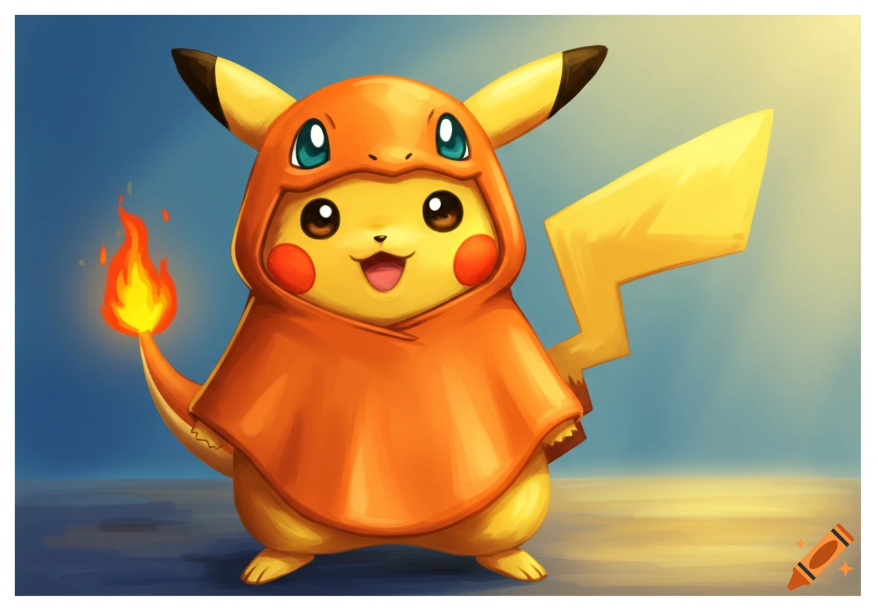 Pikachu wearing a Charmander poncho