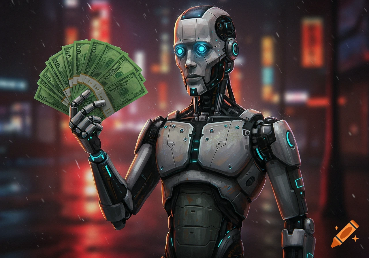 Robot holding a fan of money in a futuristic city, digital art style.