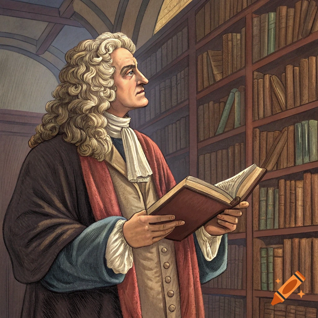 An illustration of Isaac Newton in a library reading a book.
