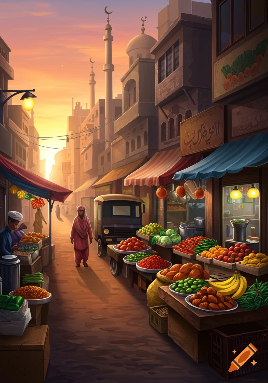 A bustling street market scene at sunset with vendors, produce stalls, people, and minarets.