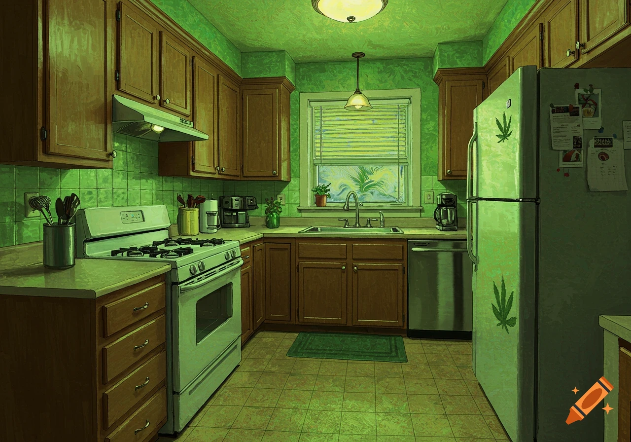 An illustration of a kitchen with a green tint and marijuana leaf stickers on the fridge.