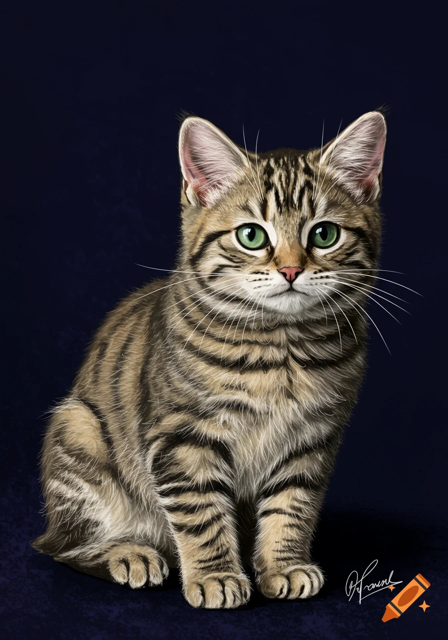 A digital painting of a tabby kitten with green eyes sitting on a dark background.
