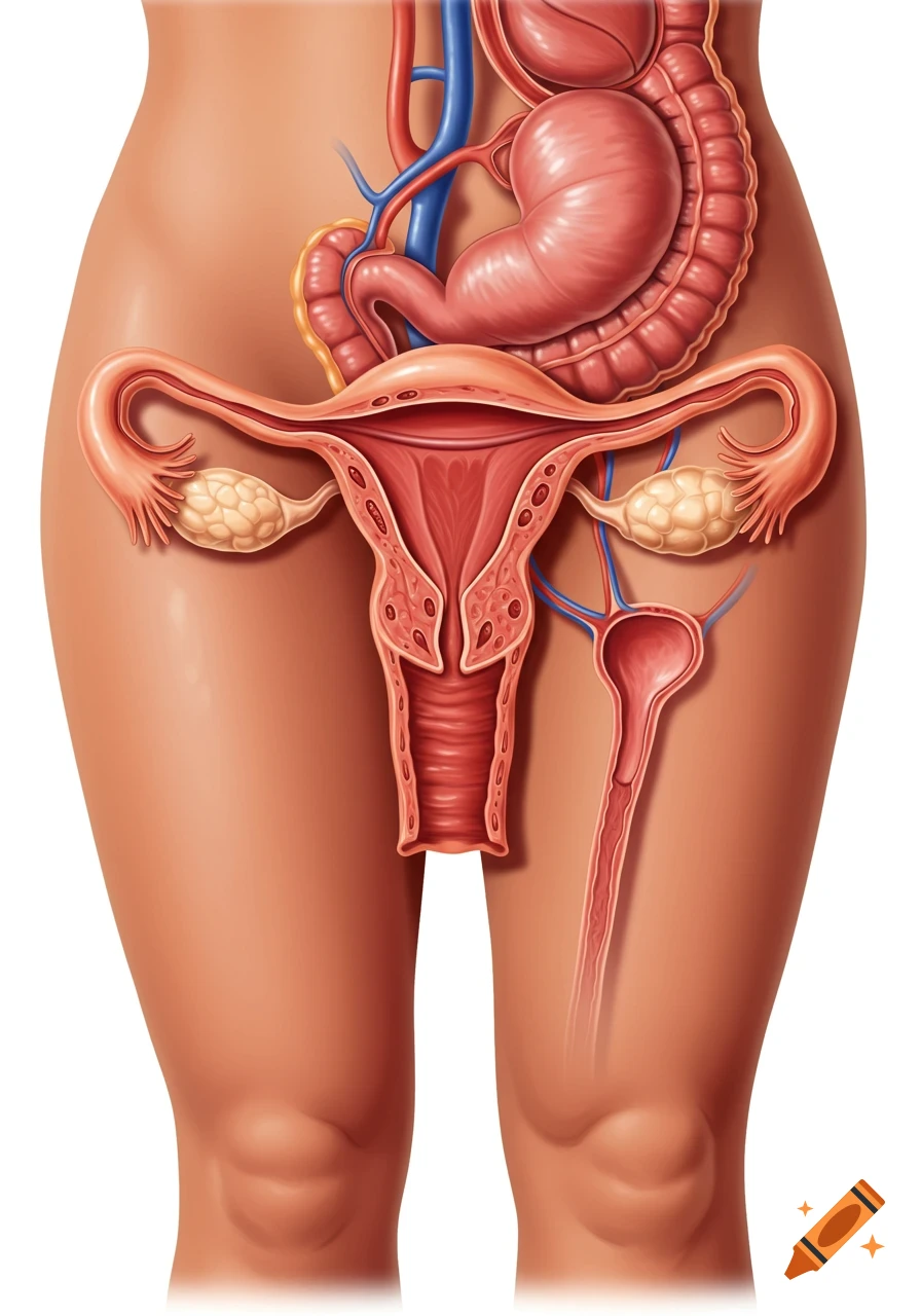 Showing female reproductive organs including uterus, ovaries, and fallopian  tubes on Craiyon, image size:896x1280