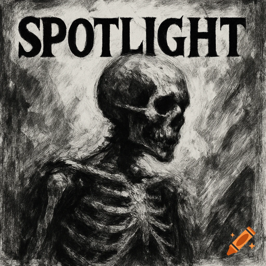 Black and white charcoal sketch of a skeleton with the word SPOTLIGHT above it for album art.