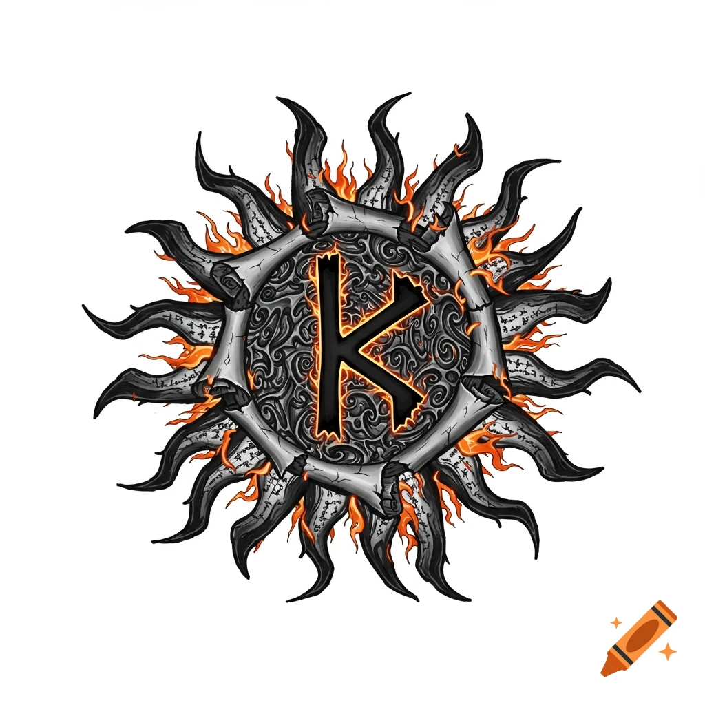 A sun-shaped symbol with a central K surrounded by swirling patterns, bone-like rays with illegible text, and fire.