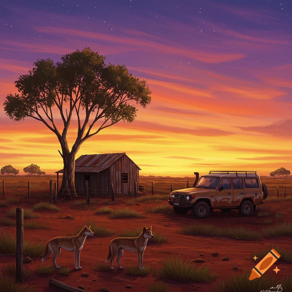 A pair of dingoes are near a shed and jeep in an Australian landscape at sunset.