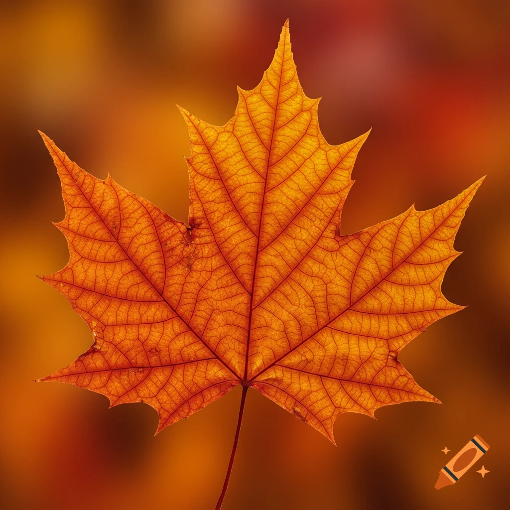 Close-up of a vibrant orange maple leaf showing detailed veins against a blurred background.