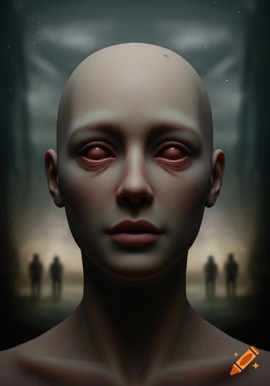 Close-up portrait of a bald person with red eyes and sunken skin, with blurred figures in a dark background. Dark, unsettling style.