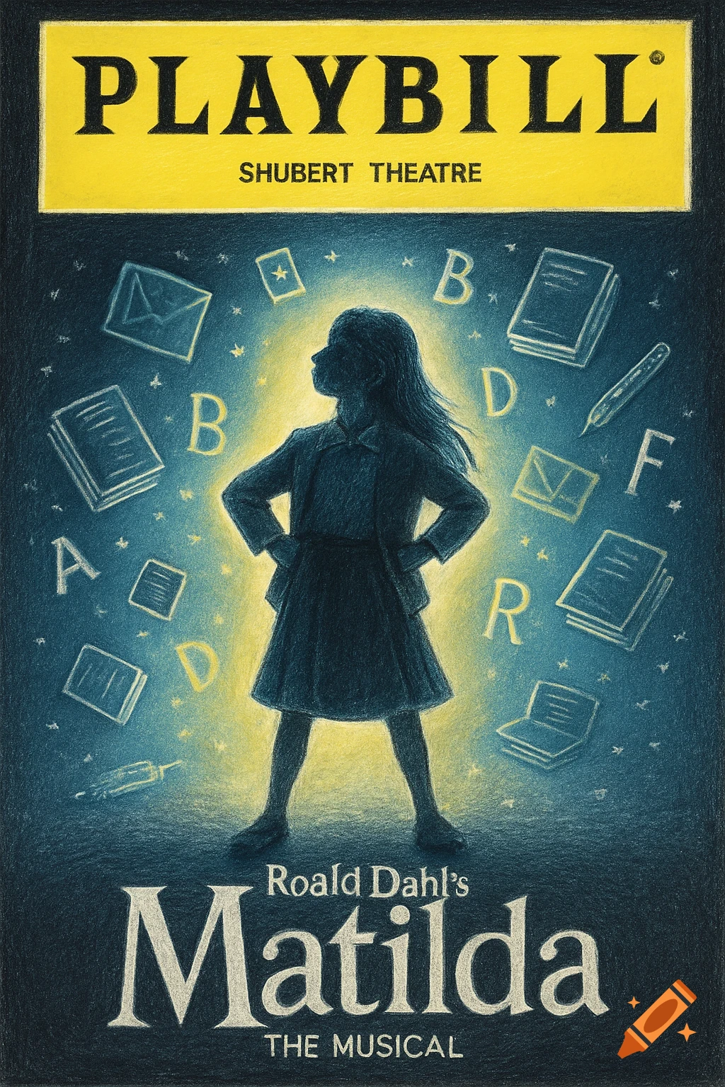 Illustration of a girl's silhouette surrounded by glowing books and letters on a blue and yellow background, with text for a Matilda playbill.
