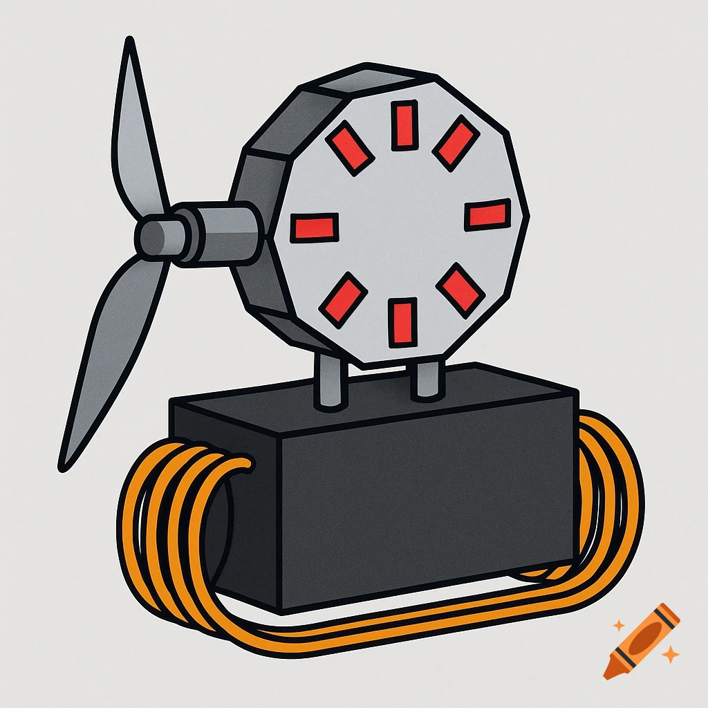 Illustration of a mechanical device with a propeller, an octagonal gray head with red rectangles, a black box, and orange cables.