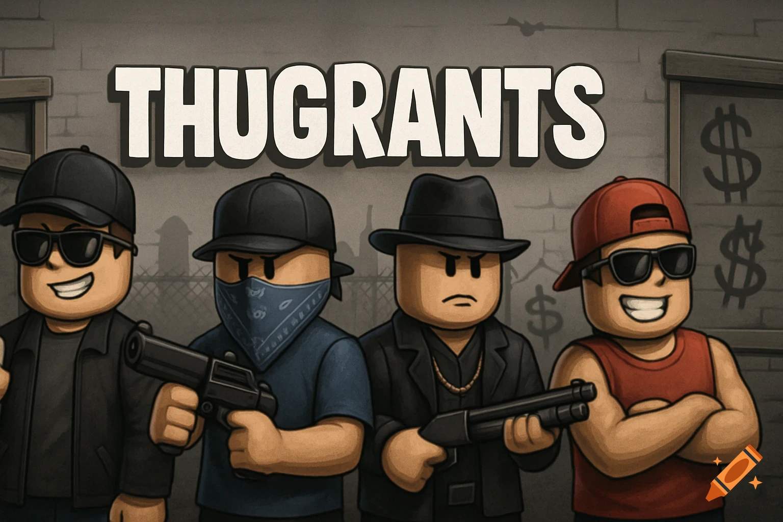 Four stylized gangster characters, like Roblox avatars, holding weapons, with the text "THUGRANTS" above them.