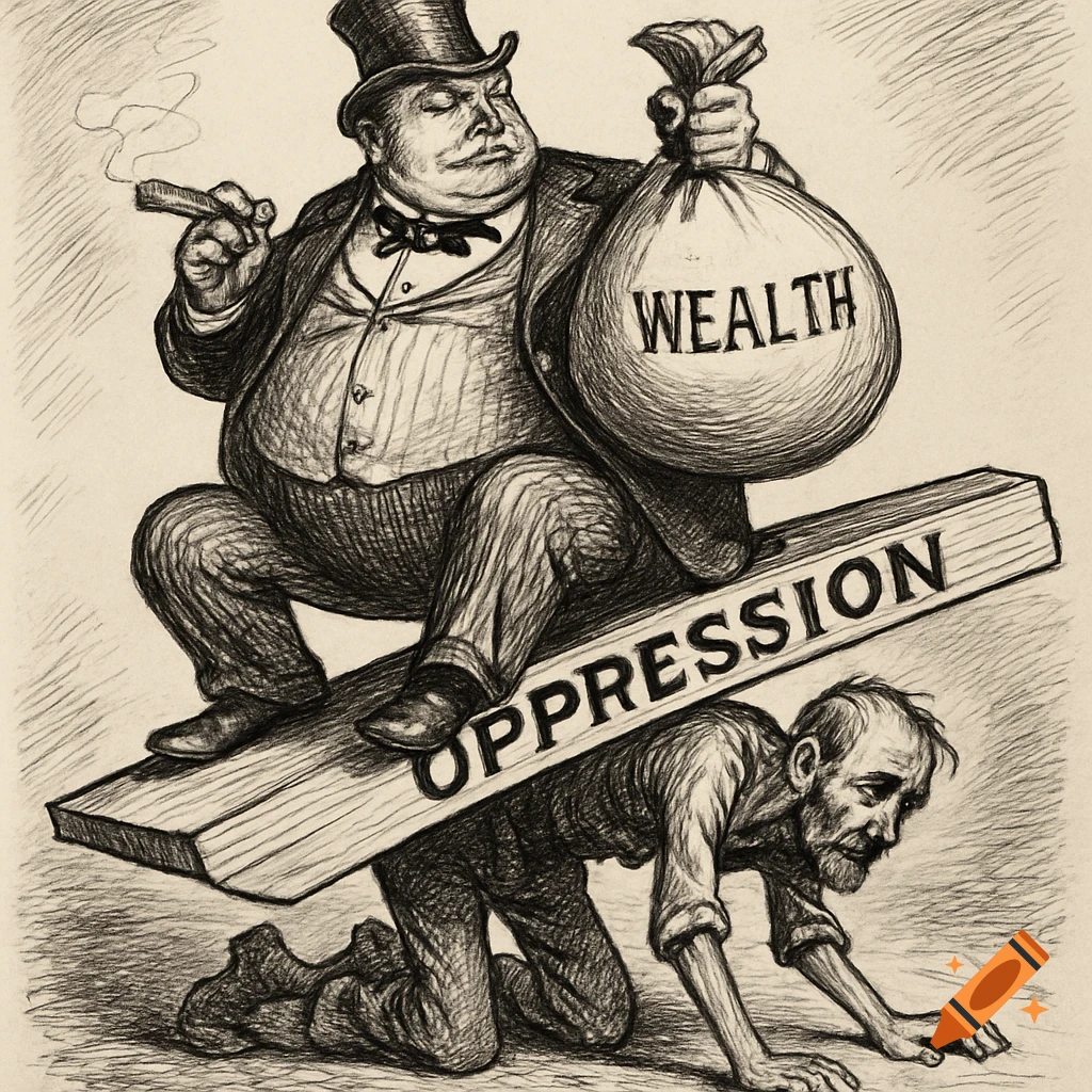 Sketch of a rich man holding a bag of wealth, sitting on a plank labeled 'Oppression' which is supported by a poor man.