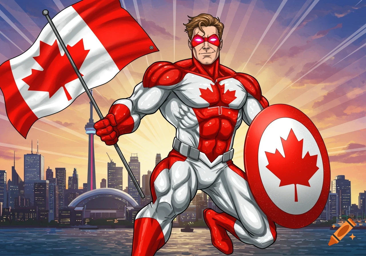 A superhero in a red and white Canada-themed costume holding a Canadian flag and shield in front of the Toronto skyline.